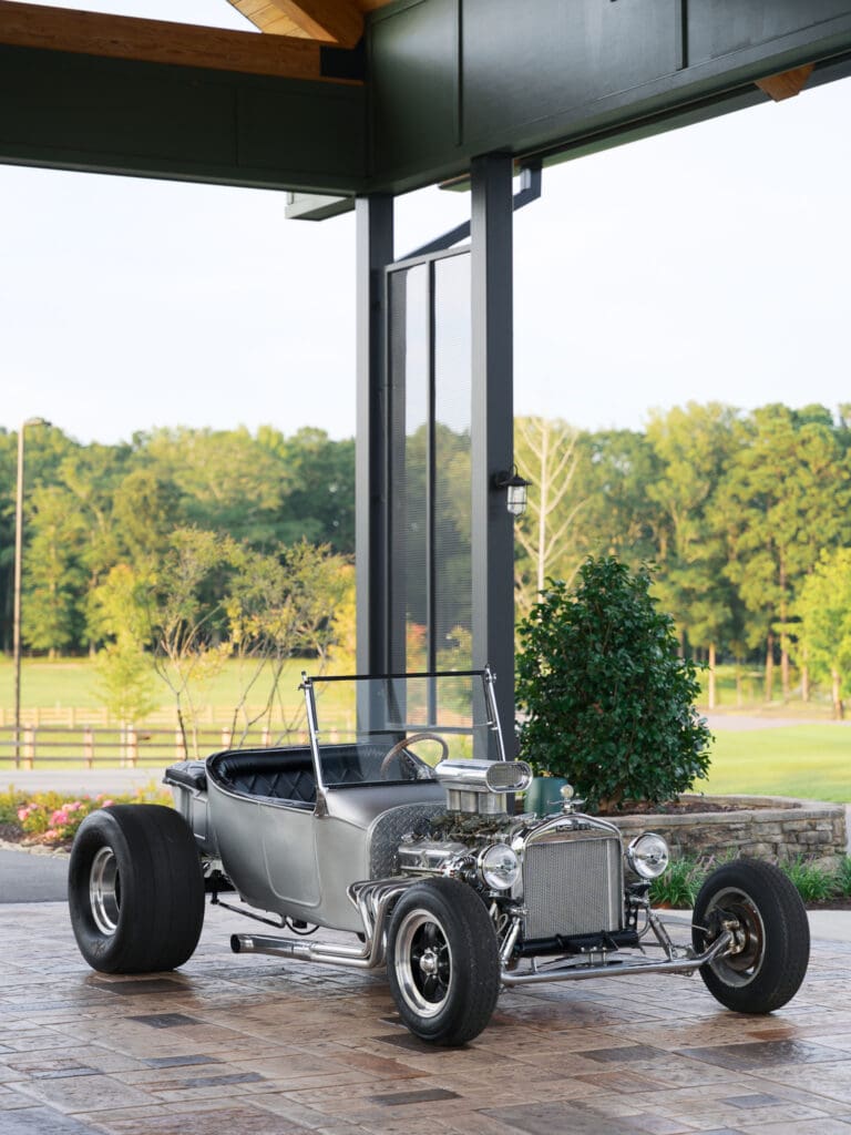 a vintage silver car