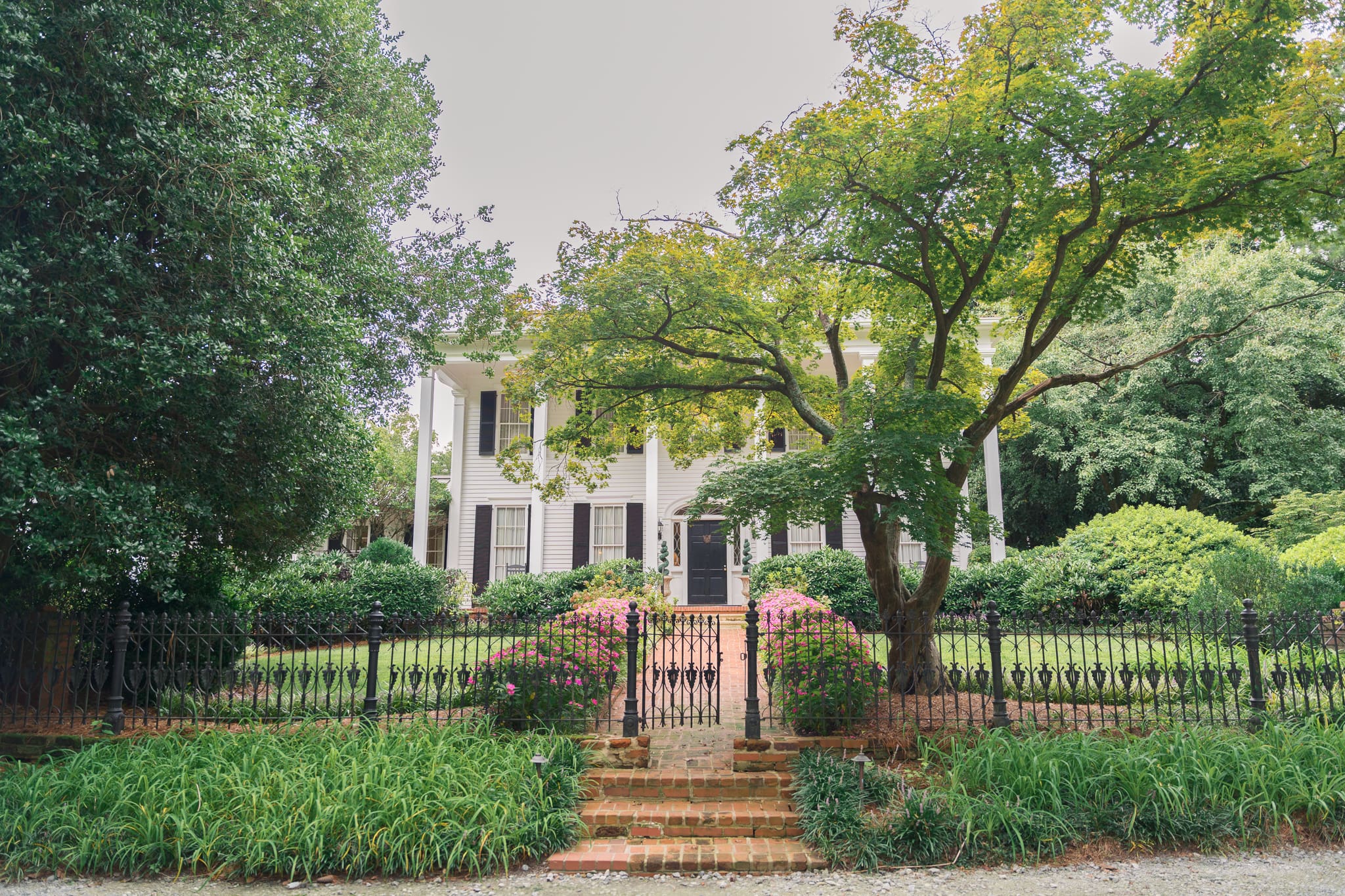 a historic house called flint hill with large trees surrounding the white home that has black shutters